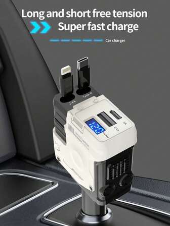 4-i-1 utdragbar billaddare, USB C snabbladdningsadapter med Lightning-kabel och dubbel laddningsport kompatibel med iPhone 15/14/13/12 Pro Max Plus/iPad och kompatibel med , kompatibel med Galaxy S23/S22/S10, smartphone elektronik