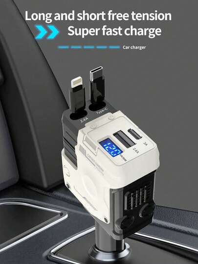 四合一伸缩车载充电器，USB C 快速充电适配器，带闪电线缆和双充电端口，兼容 15/14/13/12 Pro Max Plus/iPad，兼容 ，兼容三星 Galaxy S23/S22/S10，智能手机电子