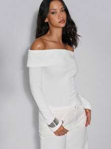 TypaGal Fall Autumn Winter Casual Sporty Sexy Chic Modern Going Out Elegant White Knitted Off-Shoulder Tight Fit Women Christmas New Year Warm T-Shirt - White - View 5