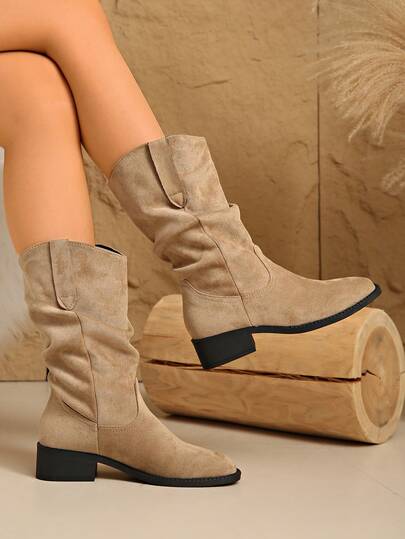 Damen Winter Neue Mode Westlicher Stil Vielseitig Einsetzbar Quadratische Zehenkappe Chunky Absatz Gefaltete Stiefel, Schlüpfen Kunstvelours Stoff Einfarbig Knöchel Stiefel, Schlank und Vielseitig