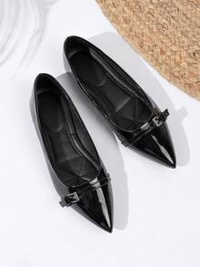 2025 New Pointed Toe Patent Leather Flats, Burgundy & Black, Elegant French Style, Suitable For Spring & Autumn - Black - View 4