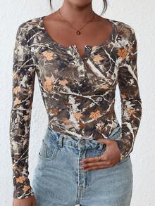 Women's Autumn Long-Sleeved Henry Shirt T-Shirt Button Ribbed Knit Fashion Tight Basic Top Shirt - Họa tiết kaki - Xem 4