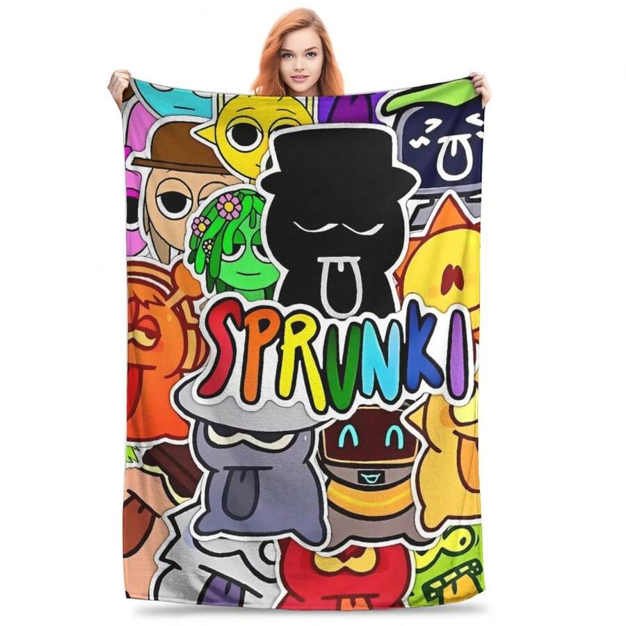 Manta de peluche del juego Anime Sprunki Incredibox para niños y niñas, manta de franela suave y de alta calidad para uso en exteriores y como cubrecama - Negro - Ver 1