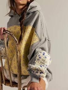 Patchwork Hoodies For Teen Girls Long Sleeve Flower Hibiscus Graphic Print Pullover Sweatshirt Cute Floral Oversized Hoodie - Xám - Xem 4