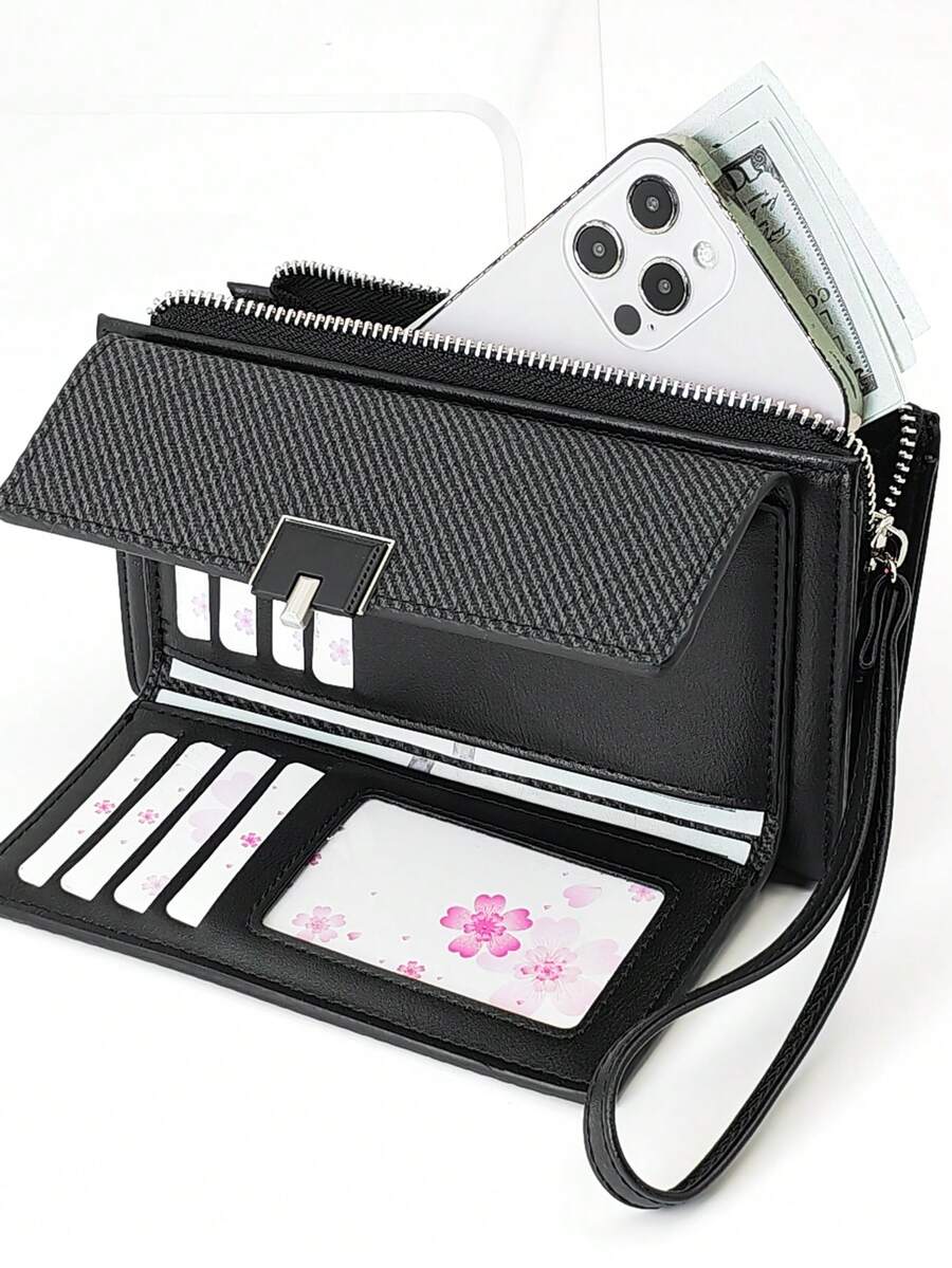 MINGYOU 荔枝纹软皮手提包及多功能钱包，女士钱包，长款钱包，腕包 - 黑色 - 查看 1