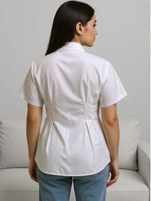 Plus Size Elegant Solid Color Short Sleeve Button Down Shirt - Casual Weekend Top, Collared, Non-Stretch Fabric, Suitable For All Seasons, Casual, Elegant Shirt, Fashionable Button Shirt White Summer - White - View 3
