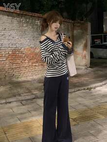 Y6Y 韩版藏蓝色条纹露肩长袖T恤，宽松休闲时尚女式上衣，秋冬季 - 藏蓝色 - 查看 3