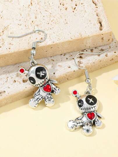 1Pair Creative Gothic Voodoo Doll Pendant Necklace ,Women's Jewelry For Daily Wear,Rhinestone Inlaid Accessory