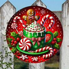 Geek Bar 1 buc. Semn rotund din aluminiu pentru cadou de Crăciun, stil rustic, cu tematică de turtă dulce și acadea, 8x8inch (20x20cm), artă de perete de sărbători pentru interior și exterior, potrivit pentru casă, bar, garaj, cafenea, decorațiuni pentru uși și pereți de grădină, decorațiuni pentru casă, decorațiuni de Crăciun, decorațiuni pentru cameră