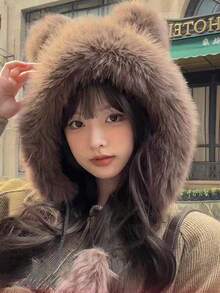 1pc New Ladies Cute Fluffy Tassel Ball Pom Pom Design Bucket Hat With Kitten Ears Lei Feng Hat, Warm Oudoor Casual Cute Hat - Multicolor - View 4