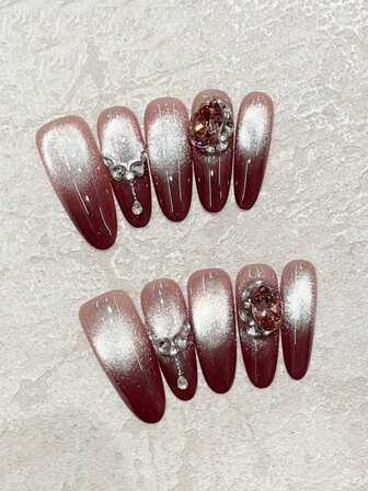 10pcs Oval-Shaped Burgundy French Manicure Nail Stickers With Silver Holographic Cat Eye Rhinestones And High-Quality Star Accents, Suitable For Cocktail Parties, Gatherings With Friends, Dates - Reusable Handmade Nail Covers With Mini Cuticle Pusher