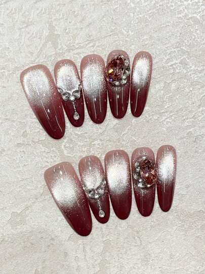 10pcs Oval-Shaped Burgundy French Manicure Nail Stickers With Silver Holographic Cat Eye Rhinestones And High-Quality Star Accents, Suitable For Cocktail Parties, Gatherings With Friends, Dates - Reusable Handmade Nail Covers With Mini Cuticle Pusher