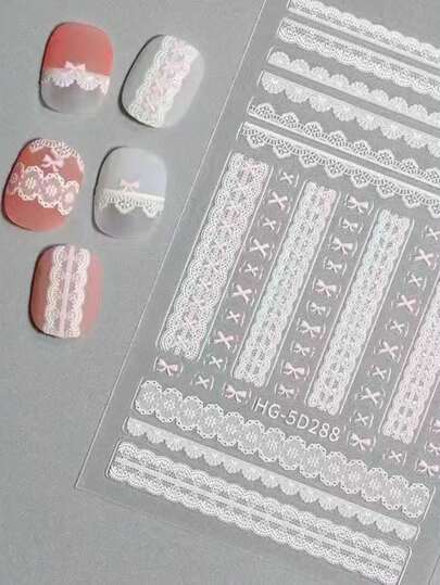 1pc Lolita Lace Edging Nail Art Sticker, 5D Embossed Sweet Lace Nail Decals, Nail Jewelry, Nail Parts, Chips, Nail Components, Suitable For Nail Salons