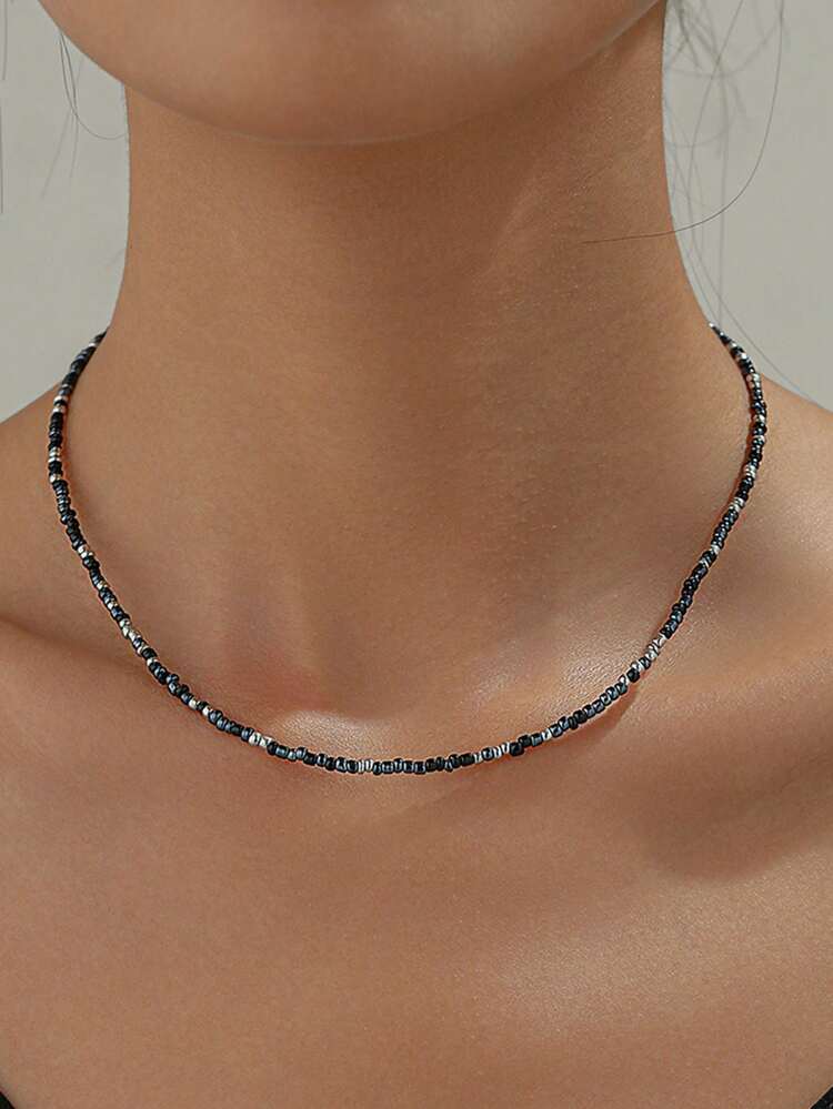Nooxian 1pc Bohemian Blue Braided Rice Bead Choker Necklace With Small Flowers, Random Bead Count & Color