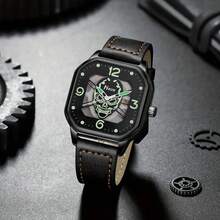 5pcs Men's Gift Set: Skeleton Dial Luminous Pointer Street Fashion PU Strap Quartz Watch, Skeleton Bracelet, Suitable For Gifts, Festivals