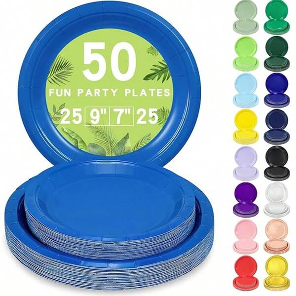 Der 50/20er Einweg-Set mit dunkelblauer Papierplatte beinhaltet 25 Stücke 9" und 25 Stücke 7" Einweg-Dessert- und Kuchenteller aus Papier, geeignet für Party-Essentials und Partydekoration