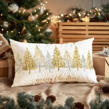 1pc Christmas Minimalist Golden Christmas Tree & Snowflake Decorative Pillow Cover, Single-Sided Soft Peach Velvet Fabric, 30*50cm/40*60cm Cushion Cover For Modern Sofa, Indoor Decor, Party Decoration, Gift