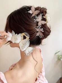 1 pieza Clip de pelo grande con lazo y perlas falsas de color blanco para peinados recogidos, accesorios de pelo para mujer para vacaciones y atuendos de mujer