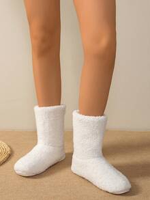 Botas de Cano Médio Forradas Termicamente em Tecido Boêmio de Cor Sólida para Uso Doméstico, Outono/Inverno