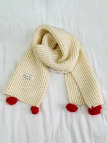 1pc Kids Christmas Pom Pom Ribbed Scarf, Minimalist Letter Print, Unisex Warm Neck Warmer For Autumn/Winter - A - View 5
