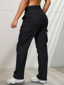 LA PRINCESA Pantalones cargo de paracaídas para muje , elásticos, cintura alta, con cordón, Y2K, casual, sueltos, estéticos, para la calle bolsillos laterales pantalones casuales con cordón Pantalones Cargo de Mujer Versátiles para Citas - Negro - Ver 2