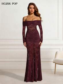 Solid Color Sexy Elegant Lace Backless Ruffle Lace Patchwork Beach Wedding Party Formal Evening Cocktail Dress - Burgundy - View 2