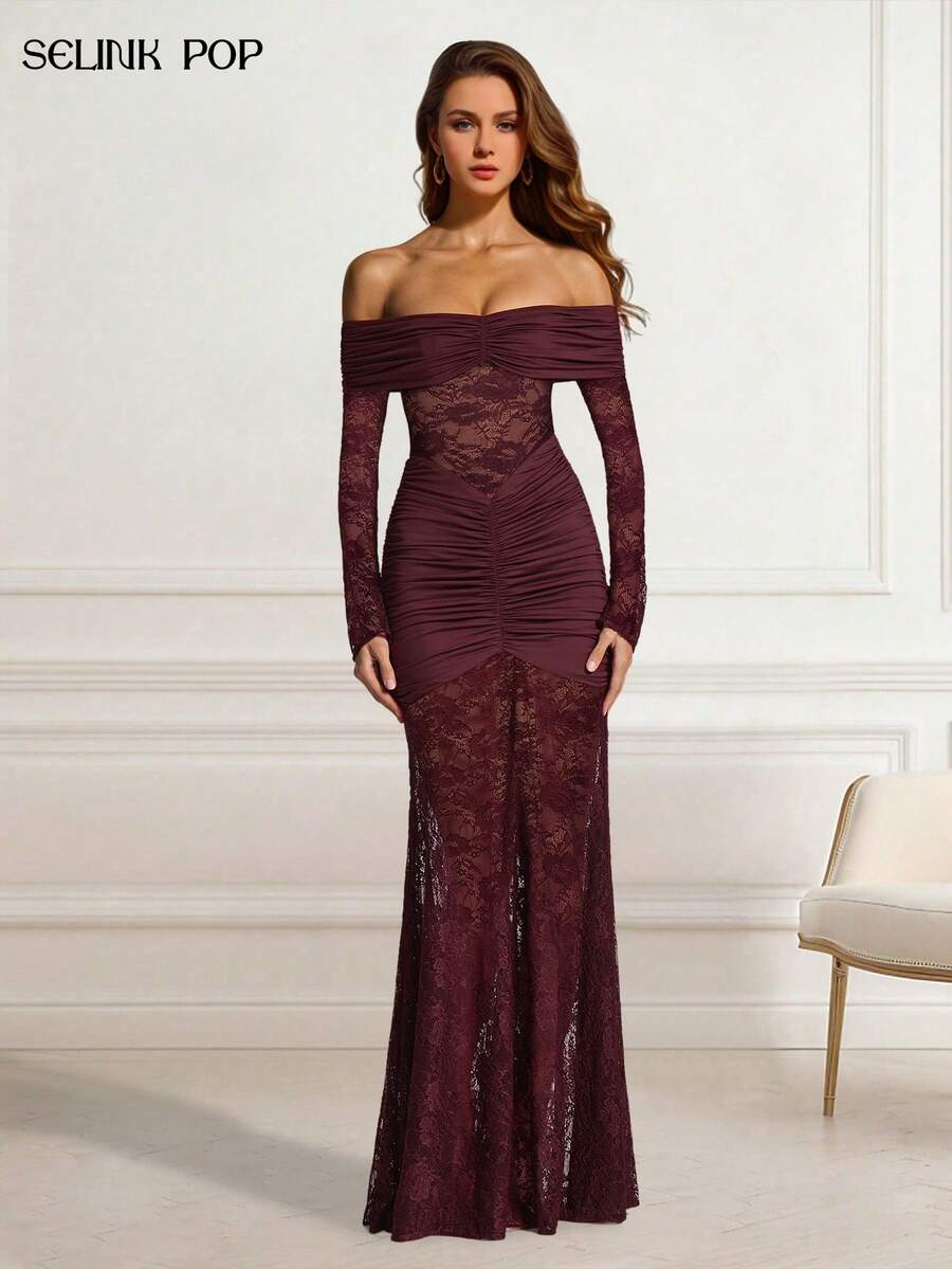 Solid Color Sexy Elegant Lace Backless Ruffle Lace Patchwork Beach Wedding Party Formal Evening Cocktail Dress