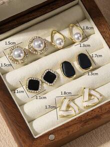 5pcs/Set Elegant Minimalist Black Geometric Triangle & Water Drop Faux Pearl Earrings Set, Luxury Design, Suitable For Women Everyday & Festive Wear - Set N - View 7