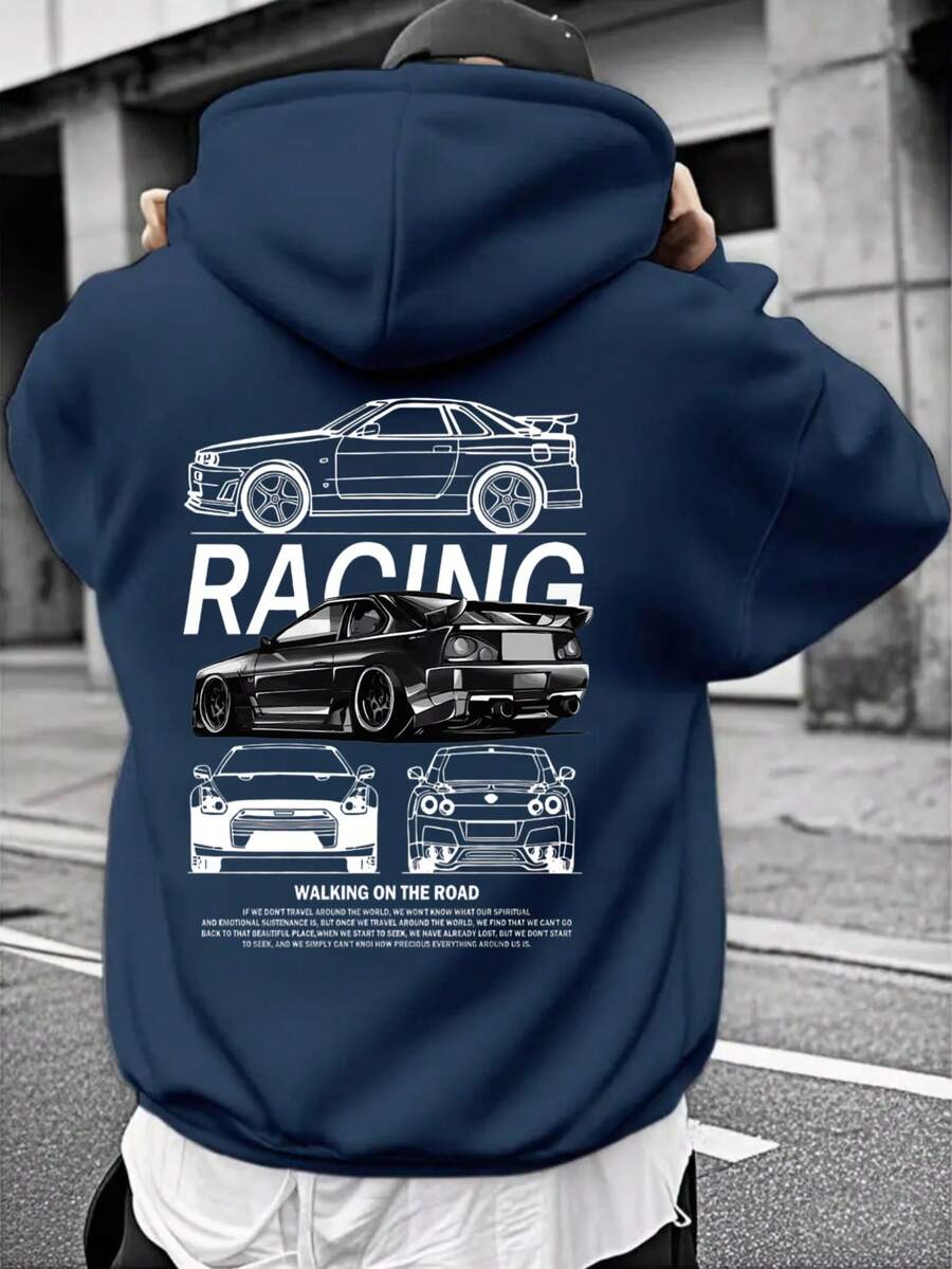 Men'S Racing Graphic Hoodie - Casual Drawstring Pullover With Pocket, Stylish Car Design, Perfect For Fall/Winter, Casual Winter Wear|Racing Graphic Hoodie|Comfortable Fit - 藏蓝色 - 查看 1