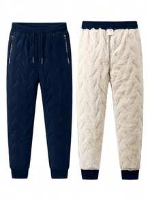 1件装女士保暖加厚抽绳腰带运动裤，防风防寒休闲裤，冬季紧身裤 - 寶藍色 - 查看 3