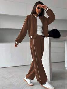 2pcs Women's Fashion Activewear Set, Baseball Collar Zipper Pocket Long Sleeve Top And High Waisted Drawstring Wide Leg Pants, Spring - Coffee Brown - View 3