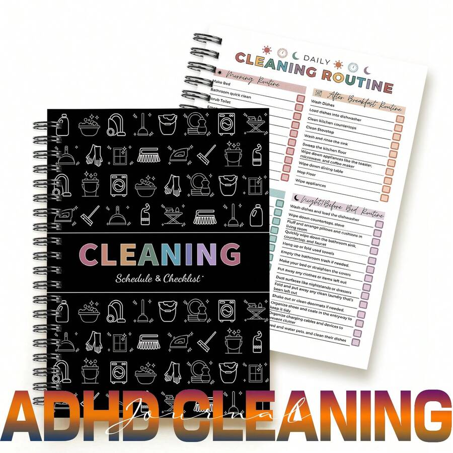 1pc Adult Women's ADHD Cleaning Planner, Cleaning Schedule And Checklist Organizer, Home Cleaning Routine, Includes Daily/Weekly/Monthly Tasks, Editable Chore List Notebook, Suitable For Household Cleaning, DIY Home Improvement School Supplies - Black - View 1