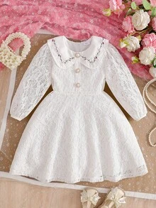 coviviky Vestido de encaje elegante para niñas, vestido de encaje con cuello Peter Pan y bordado floral