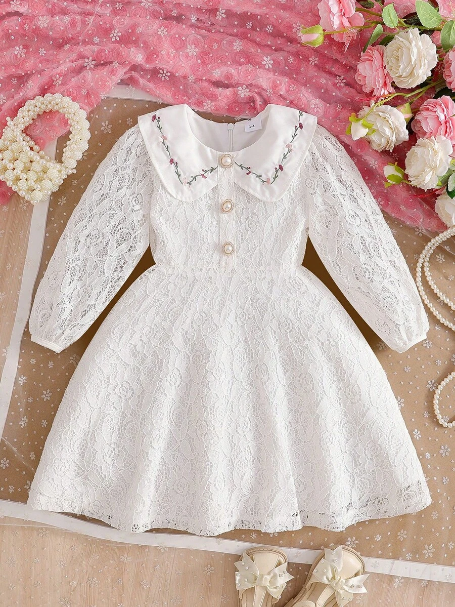 coviviky Vestido de encaje elegante para niñas, vestido de encaje con cuello Peter Pan y bordado floral