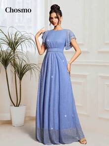 CHOSMO Abito elegante con volant lucido e tinta unita, adatto per appuntamenti serali, feste, compleanni, anniversari, lauree, vacanze in famiglia, balli - Blu - Visualizzare 9