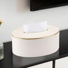 奢华竖条纹 PU 皮革椭圆形纸巾盒，优雅金边餐巾纸分配器 - 彩色 - 查看 2