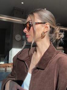 Bộ 2 món nhung kẻ Giáng sinh dành cho nữ - Áo khoác dài tay ve nâu cổ điển thường ngày - Quần nhung kẻ cạp chun, Thu/Đông - Rỉ Nâu - Xem 4