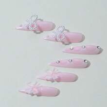 Stiletto Press On Nails Long Fake Nails White French Tip Glue On Nails Pink Acrylic Nails Bow Charm False Nails Coquette Manicure Stick On Nails 24pcs Almond Gel Artificial Nails - 多色14 - 查看 4