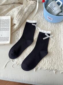 1 par de calcetines de mujer con lazo y contraste de color acanalado, lindos y versátiles, estilo lolita, calcetines blancos sencillos hasta el tobillo