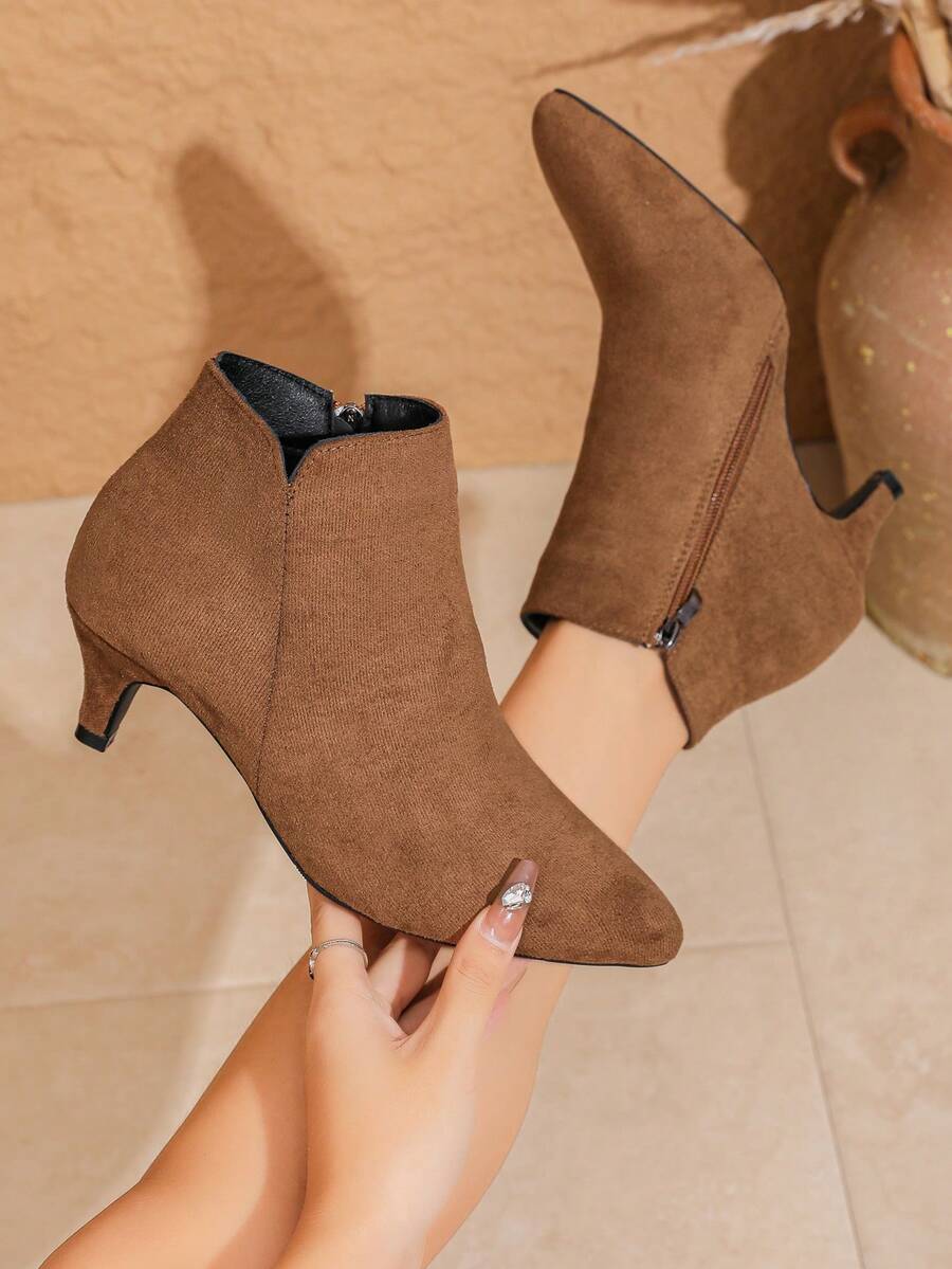 女士时尚靴子，新款简约优雅百搭尖头舒适低跟踝靴，侧拉链设计，适合节日派对，复古酒红色，棕色，经典踝靴，秋季，小猫高跟鞋