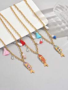1pc 18K Gold Plated Minimalist Colorful Enamel Small Fish Pendant Stainless Steel Necklace, Suitable For Women's Daily Wear And Gift