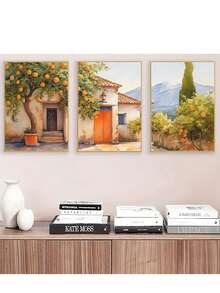3 Pieces Of Frameless Modern Orange Tree Art Prints For Living Room Decor - No Frame, Art Medium: Oil On Canvas, Suitable For Indoor Use, Vertical Orientation - Multicolor - View 1