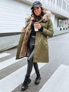 Women's Winter Parka With A Soft Teddy Bear Pattern For Warmth, A Removable Hood With Faux Fur, And An Adjustable Waist With Practical Zip And Snap Fastenings. A Warm And Cozy Outerwear Perfect For Everyday Looks In Autumn And Winter. - Green - View 3