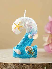1件生日蠟燭 海星與貝殼設計 0-9數字款 亮粉藍色與白色蠟燭 適合海灘主題派對 海灘派對裝飾 - 彩色 - 查看 2