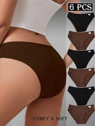 6pcs Women's Basic Pure Cotton Bikini Panties Set, Minimalist Breathable Comfortable Sporty Sexy Low-Rise Underwear
