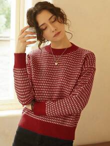 Knit Mix 女士条纹针织衫，适合秋冬季节，休闲撞色长袖上衣，完美适用于春季、圣诞节、新年、情人节等各种场合，展现优雅复古风情，是返校季和秋季时尚度假的理想之选。 - 紅色 - 查看 6