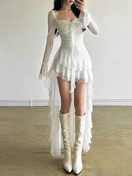 탑 대즐 솔리드 컬러 피티드 하이 웨이스트 패셔너블 스퀘어 넥 긴소매 메시 드레스 파티 캐주얼 웨어용 비대칭 헴