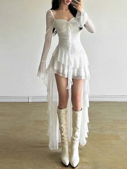 Vestido de manga larga con cuello cuadrado, cintura alta, ajustado, de unicolor vibrante y premium, con dobladillo asimétrico, adecuado para fiestas y ocasiones casuales