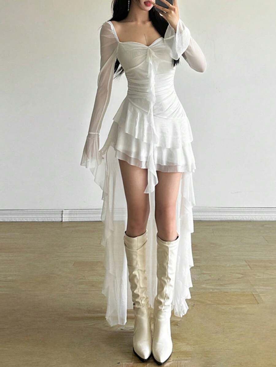 Premium Vibrant Solid Color Fitted High Waist Fashionable Square Neck Long Sleeve Mesh Dress, Asymmetric Hem, Suitable For Party And Casual Occasions - White - View 1