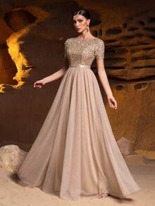 Faeriesty Women Elegant Elegant Formal Evening Gown With Sparkly Sequin Embellished Bodice & Contrast Layered Tulle Hem | A-Line Prom Wedding Party Dress,Summer Holiday Outfits
